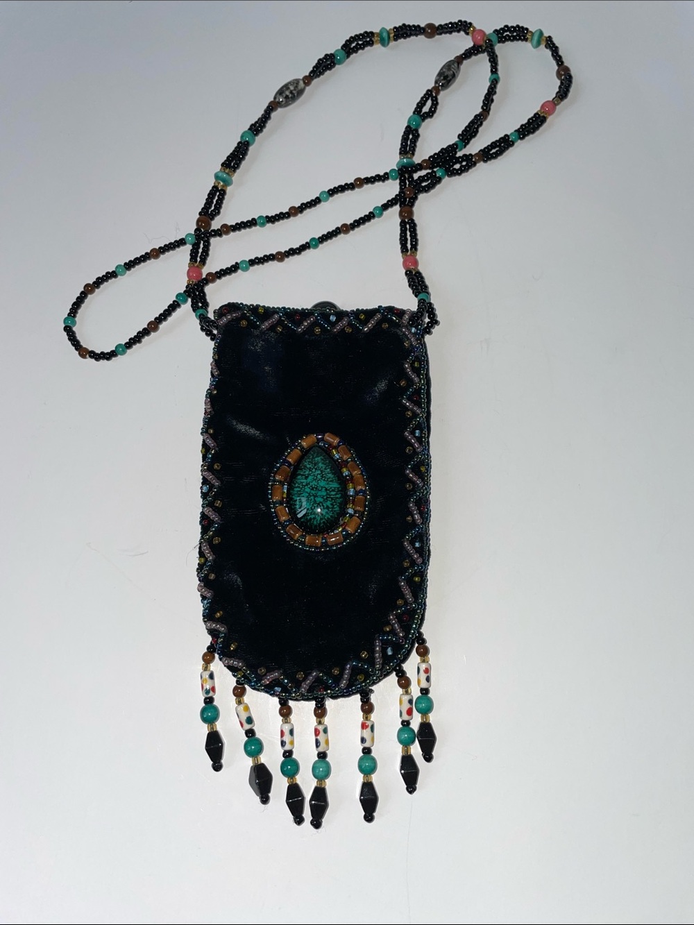 Vintage silk & Black Velvet Beaded Crossbody Pouch with Turquoise Accent - Picture 3 of 8